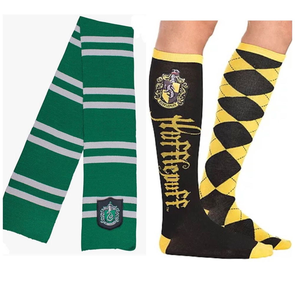 Harry Potter Slytherin Green Scarf Mismatched Hufflepuff Yellow Socks Argyle NEW